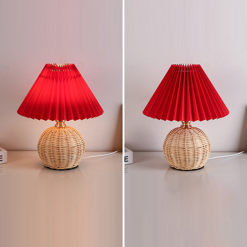 Nordic Rattan Table Lamp | Bedroom | Pleated Fabric Shade | LED | Modern Contemporary Design | Lologe
