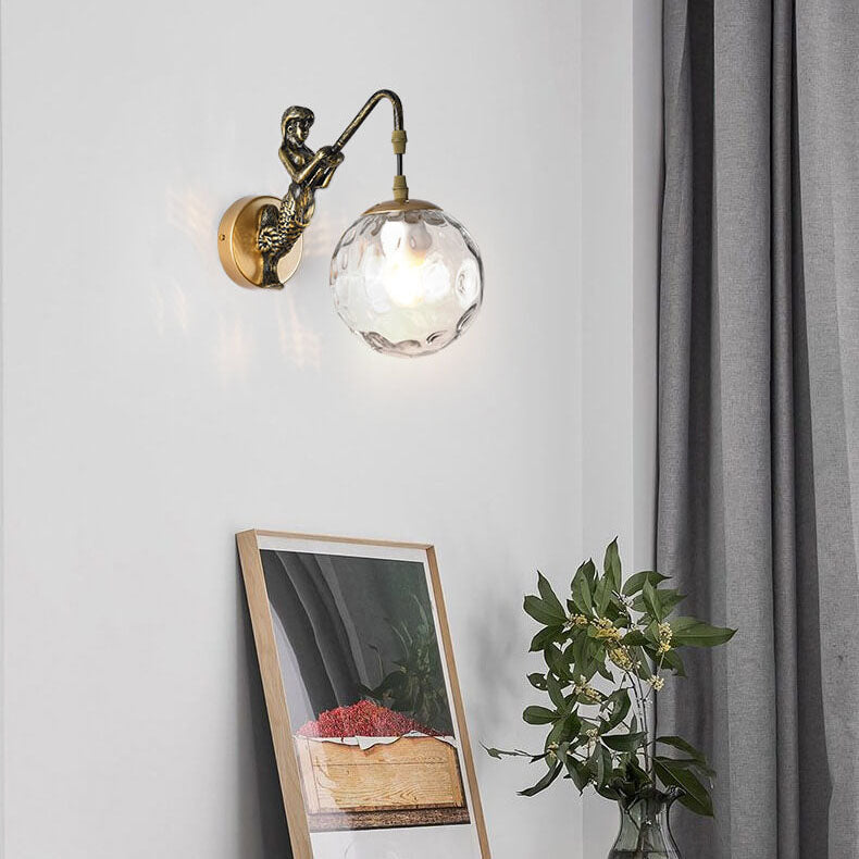 Vintage Mermaid Orb Wall Sconce | Bedroom Metal Resin Glass Light | Lologe