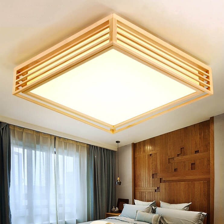 Square LED Flush Mount Ceiling Light | Solid Wood Japanese Tatami | Nordic Style | Lologe