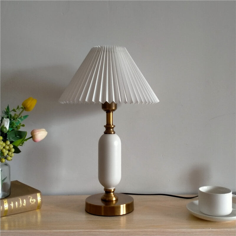 Retro Pleated Shade Table Lamp | Column Base Bedroom Accent Light | Lologe