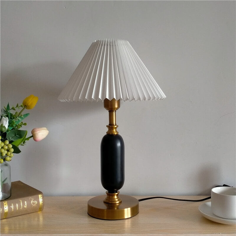 Retro Pleated Shade Table Lamp | Column Base Bedroom Accent Light | Lologe