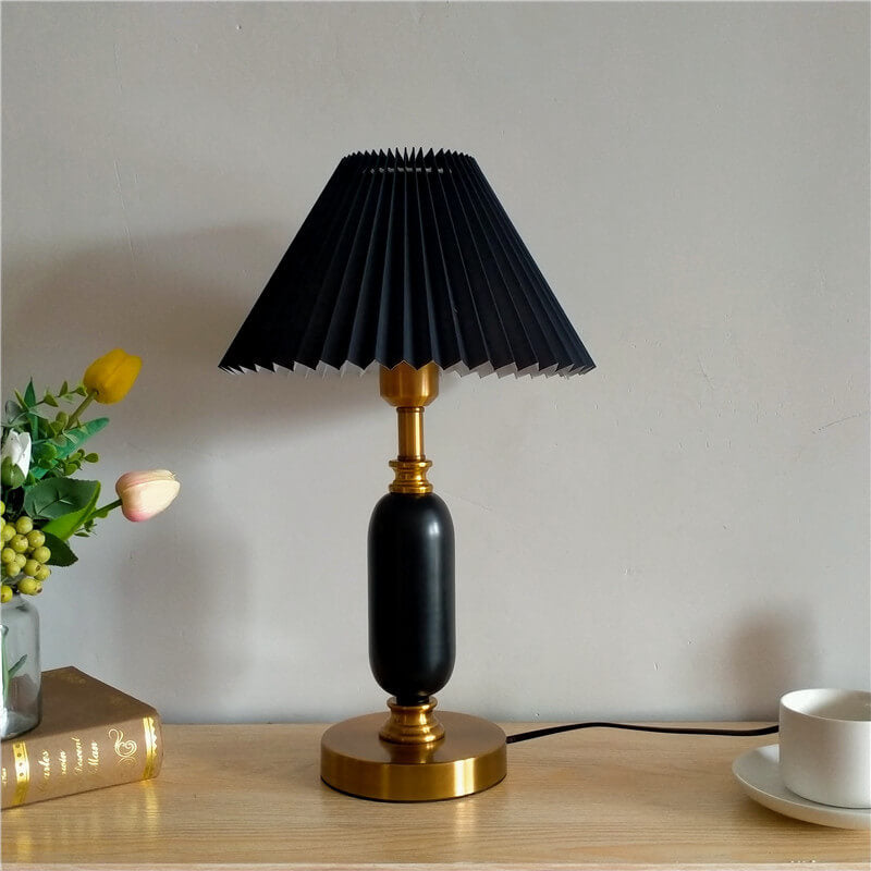 Retro Pleated Shade Table Lamp | Column Base Bedroom Accent Light | Lologe