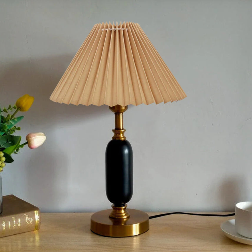 Retro Pleated Shade Table Lamp | Column Base Bedroom Accent Light | Lologe