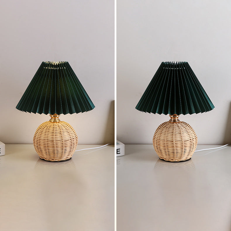 Nordic Rattan Table Lamp | Bedroom | Pleated Fabric Shade | LED | Modern Contemporary Design | Lologe
