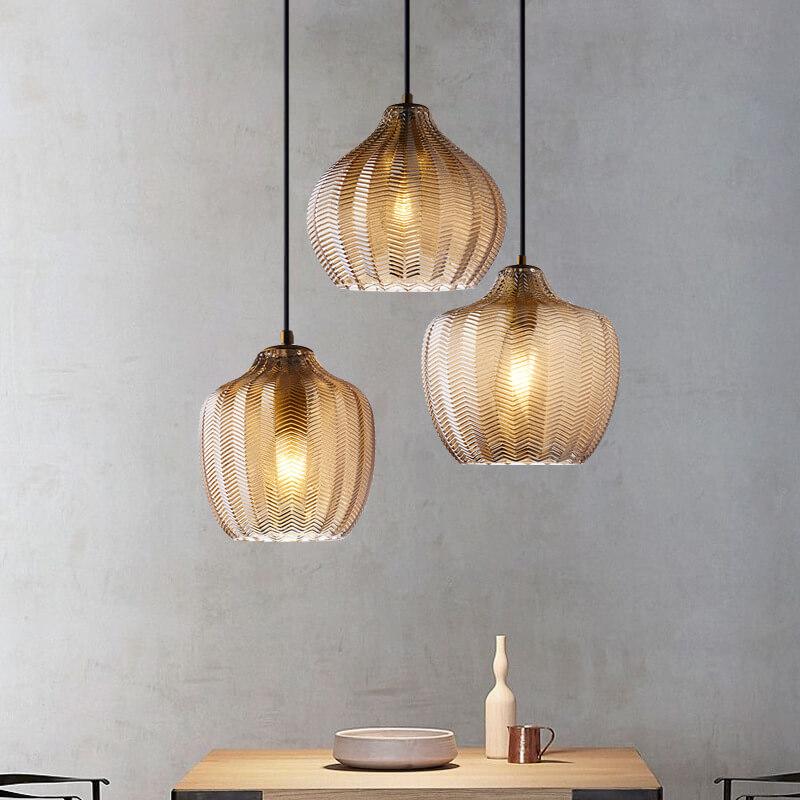 Glass Pendant Light for Dining Room | Textured Wavy Glass Modern Barrel Design | Lologe