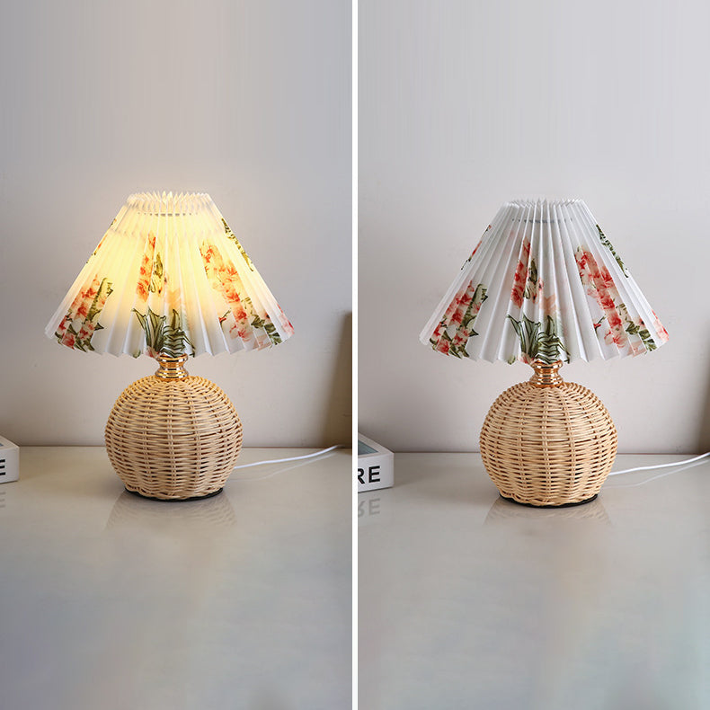 Nordic Rattan Table Lamp | Bedroom | Pleated Fabric Shade | LED | Modern Contemporary Design | Lologe