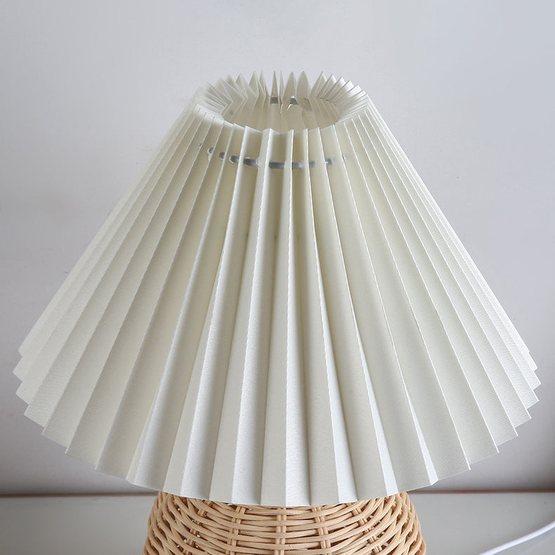 Nordic Rattan Table Lamp | Bedroom | Pleated Fabric Shade | LED | Modern Contemporary Design | Lologe