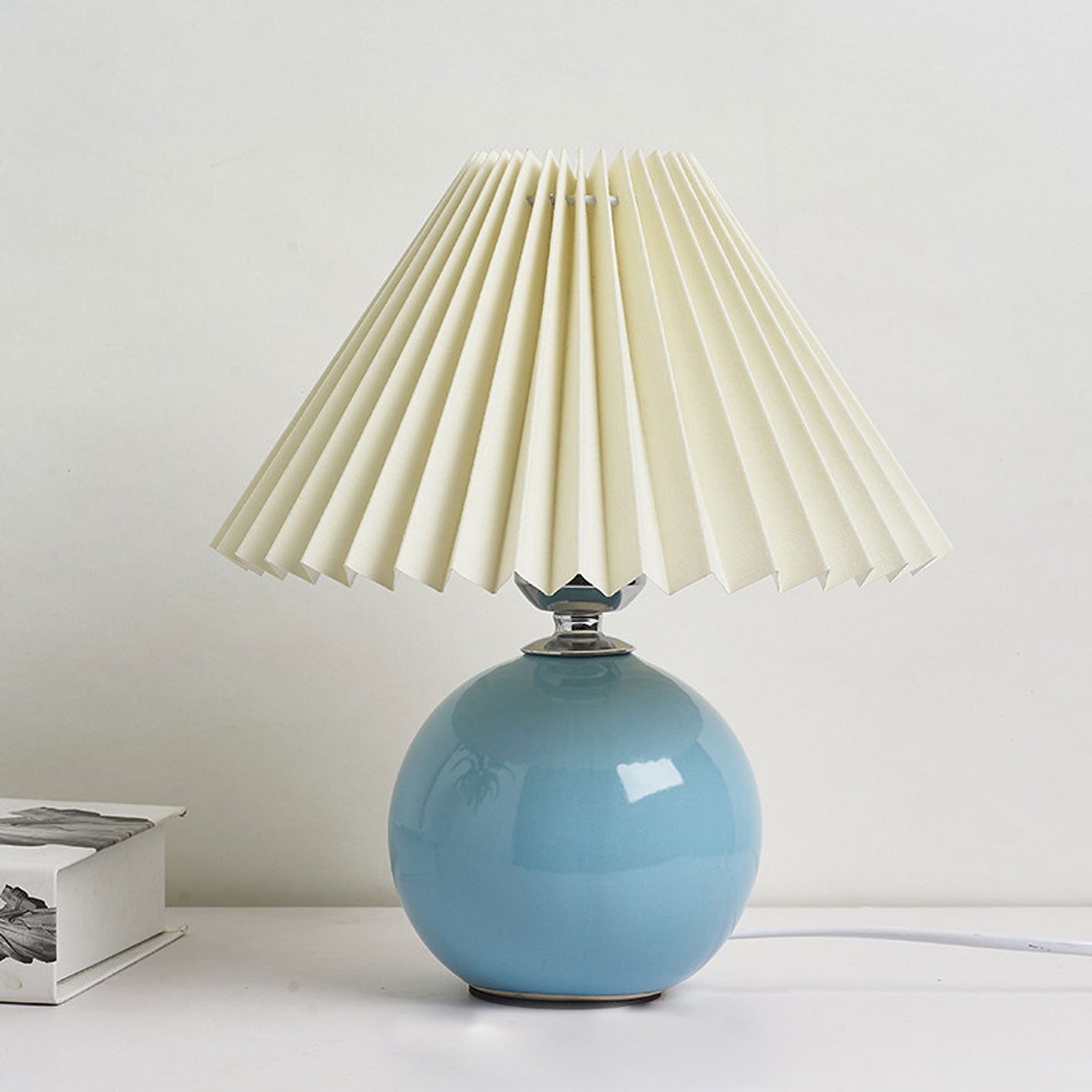 Table Lamp Bedroom Ceramic Pleated Shade | Minimalist Design | Lologe