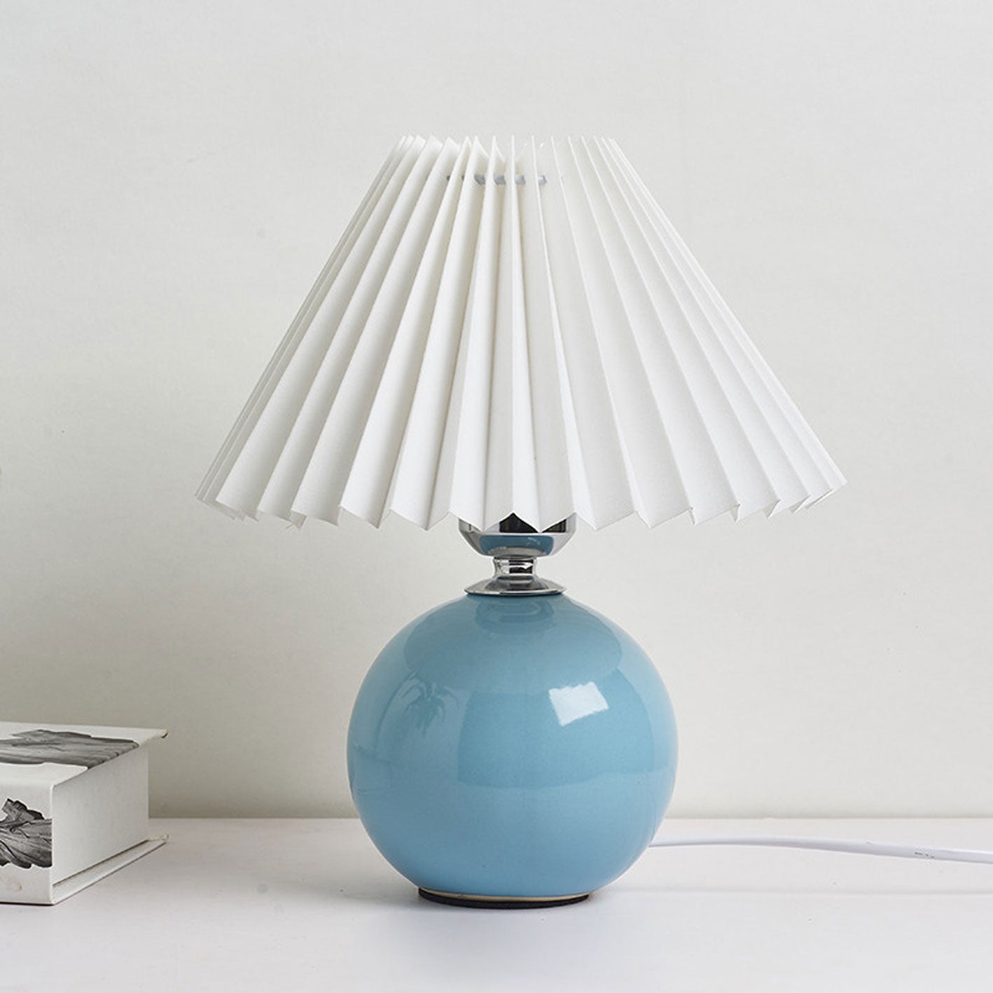Table Lamp Bedroom Ceramic Pleated Shade | Minimalist Design | Lologe
