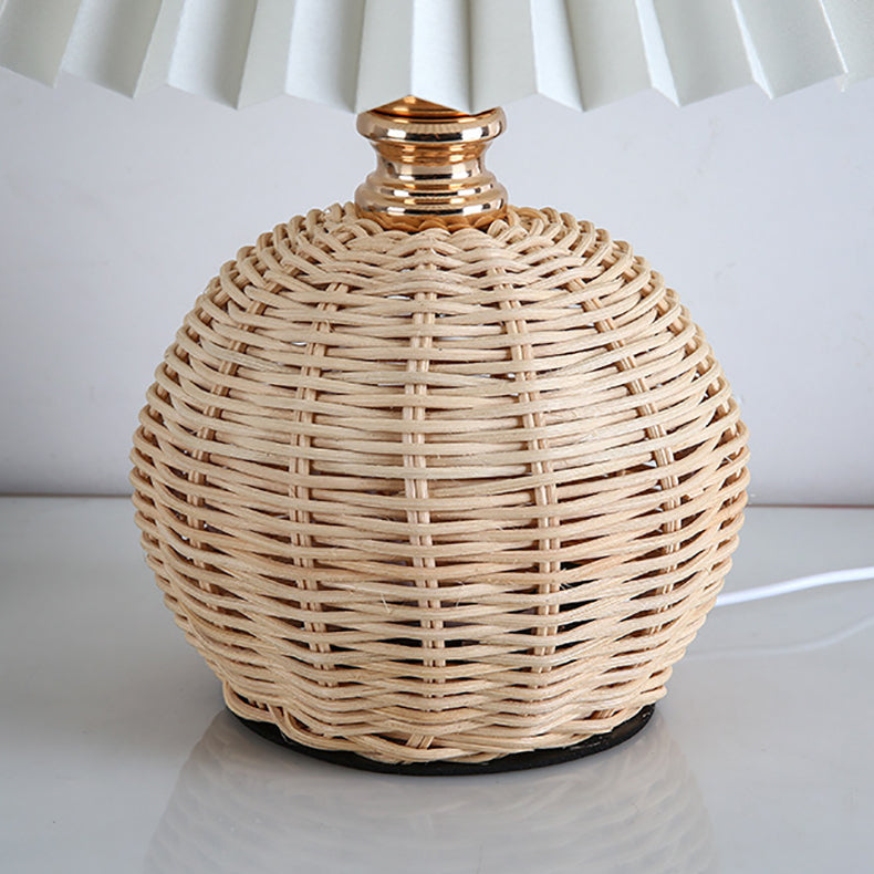 Nordic Rattan Table Lamp | Bedroom | Pleated Fabric Shade | LED | Modern Contemporary Design | Lologe