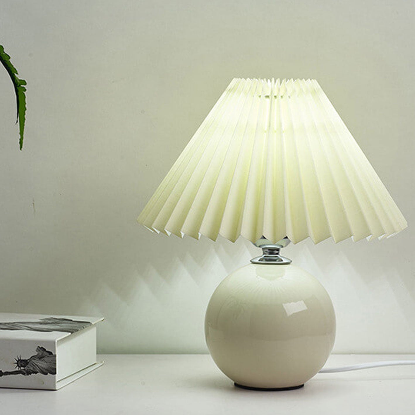 Table Lamp Bedroom Ceramic Pleated Shade | Minimalist Design | Lologe