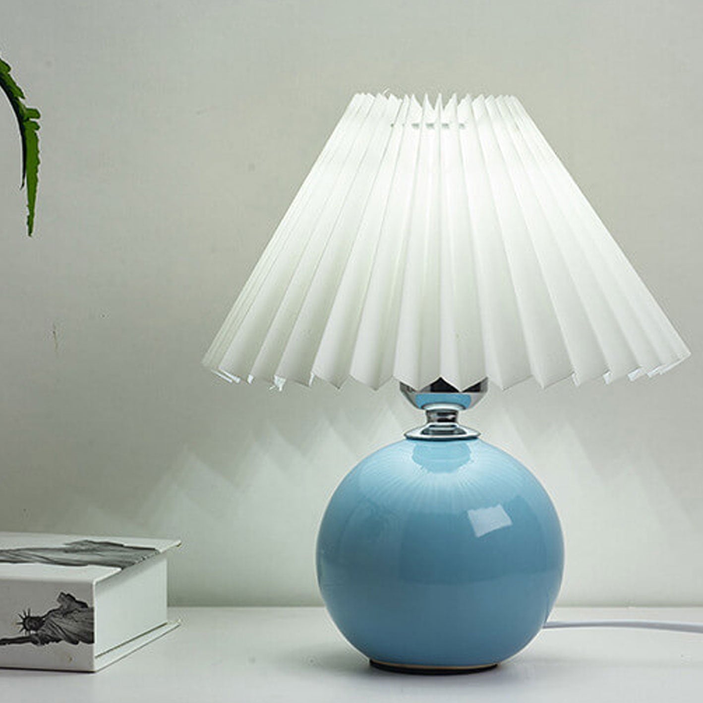 Table Lamp Bedroom Ceramic Pleated Shade | Minimalist Design | Lologe