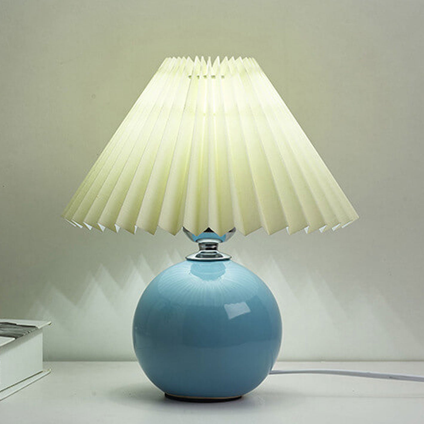 Table Lamp Bedroom Ceramic Pleated Shade | Minimalist Design | Lologe