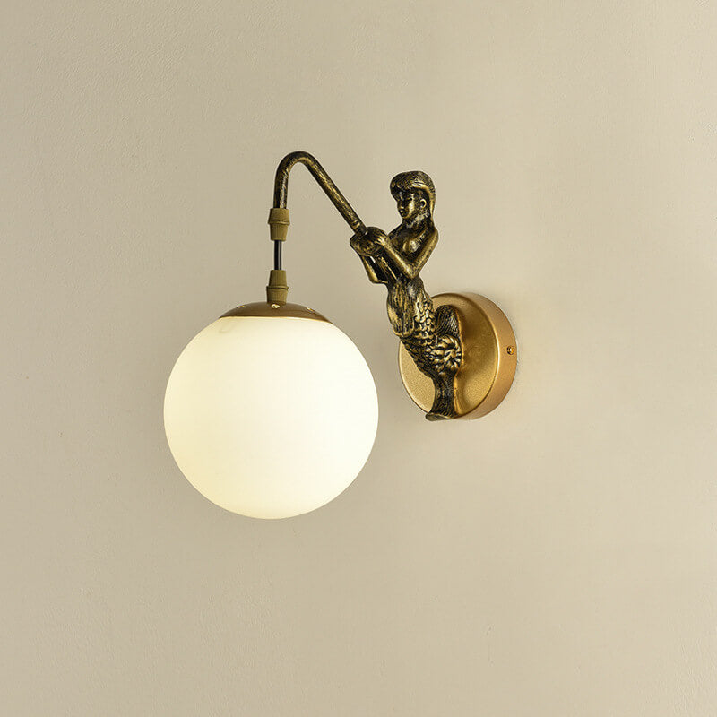 Vintage Mermaid Orb Wall Sconce | Bedroom Metal Resin Glass Light | Lologe