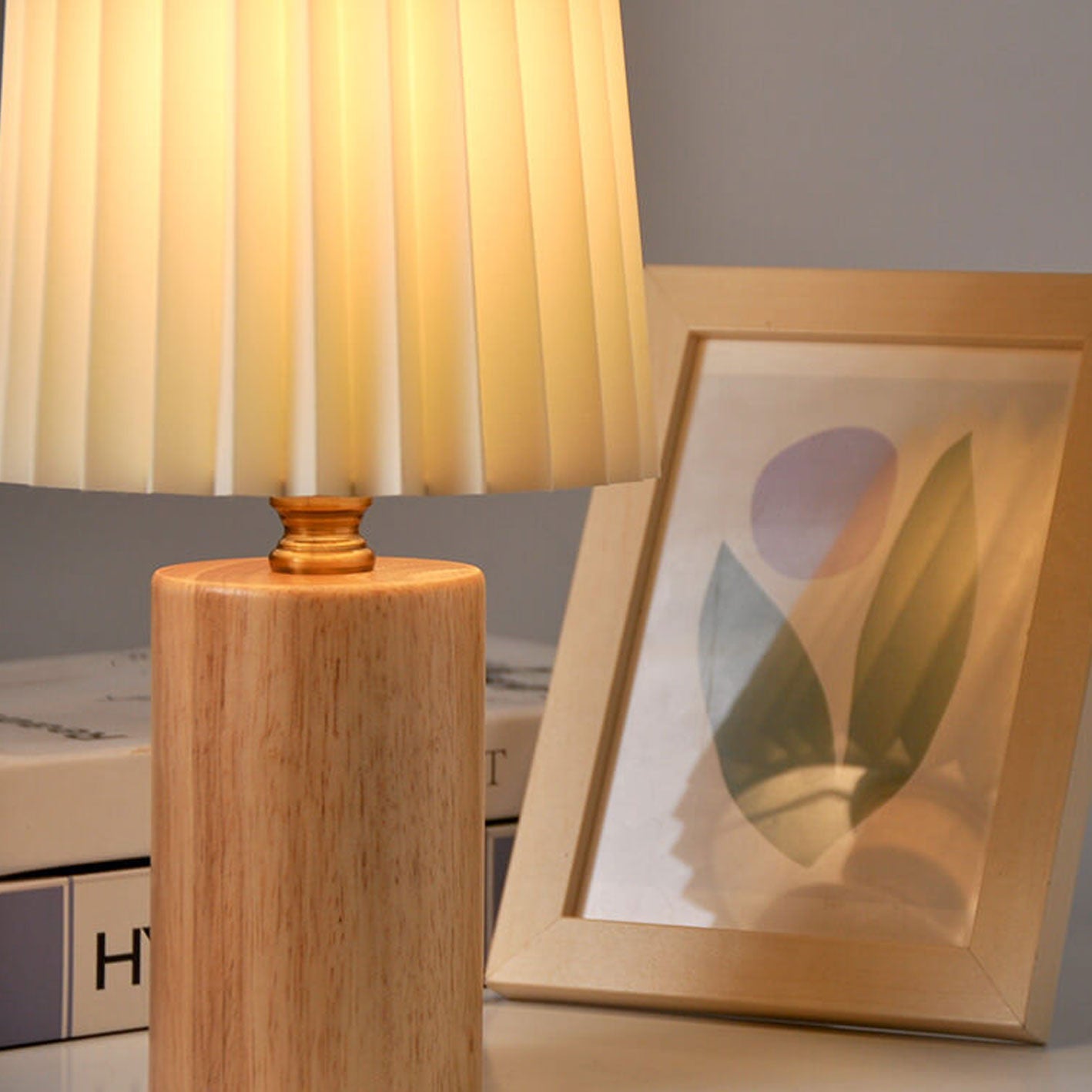 Table Lamp for Bedroom & Living Room | Pleated Shade Solid Wood Base Modern Lighting | Lologe