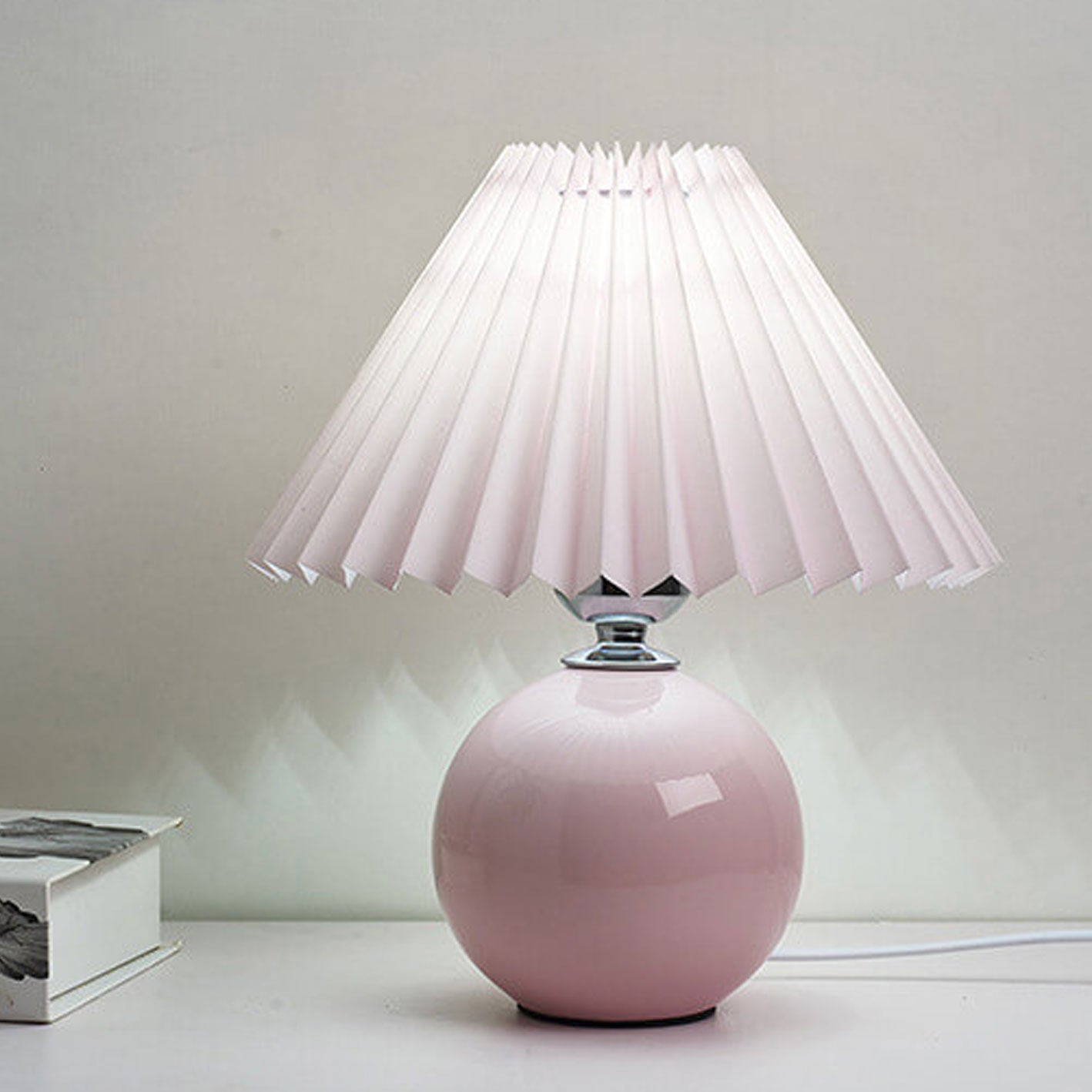 Table Lamp Bedroom Ceramic Pleated Shade | Minimalist Design | Lologe