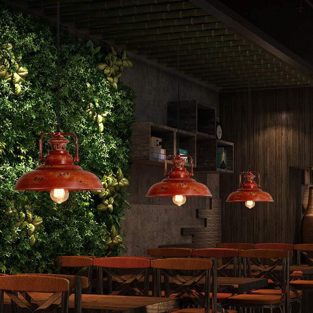 Industrial Dome Pendant Light | Dining Room Ambience | Iron Red Rust Finish | Lologe