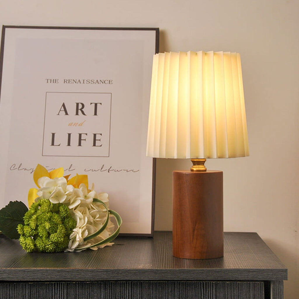Table Lamp for Bedroom & Living Room | Pleated Shade Solid Wood Base Modern Lighting | Lologe