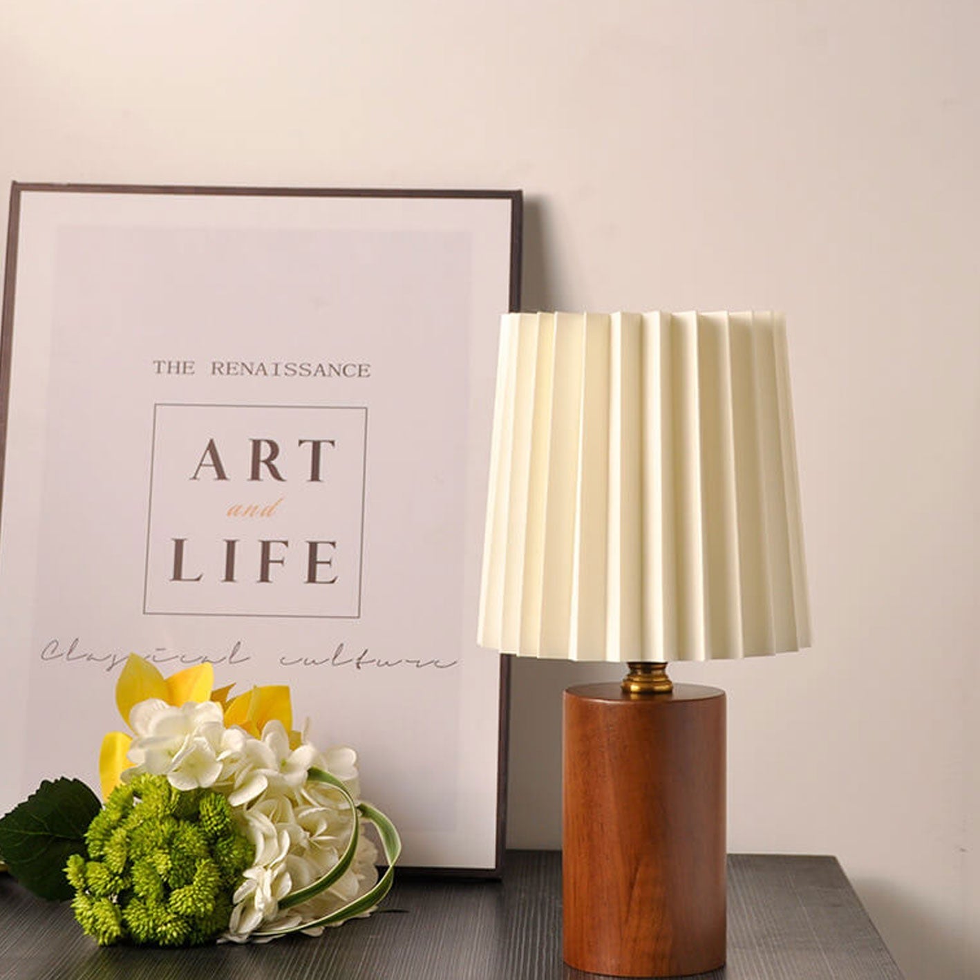 Table Lamp for Bedroom & Living Room | Pleated Shade Solid Wood Base Modern Lighting | Lologe