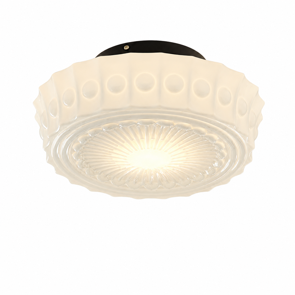 Vintage Glass Semi Flush Mount Ceiling Light | White Drum Shade | Lologe