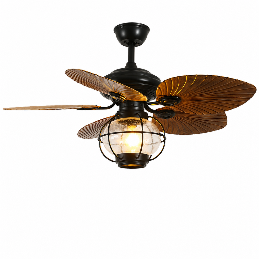 Rustic Ceiling Fan Light | Banana Leaf Blades & Glass Shade | Lologe