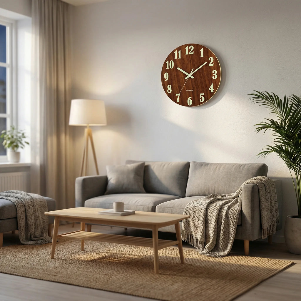 Noctivane - Round Luminous Nordic Wall Clock- Checking Time At Night