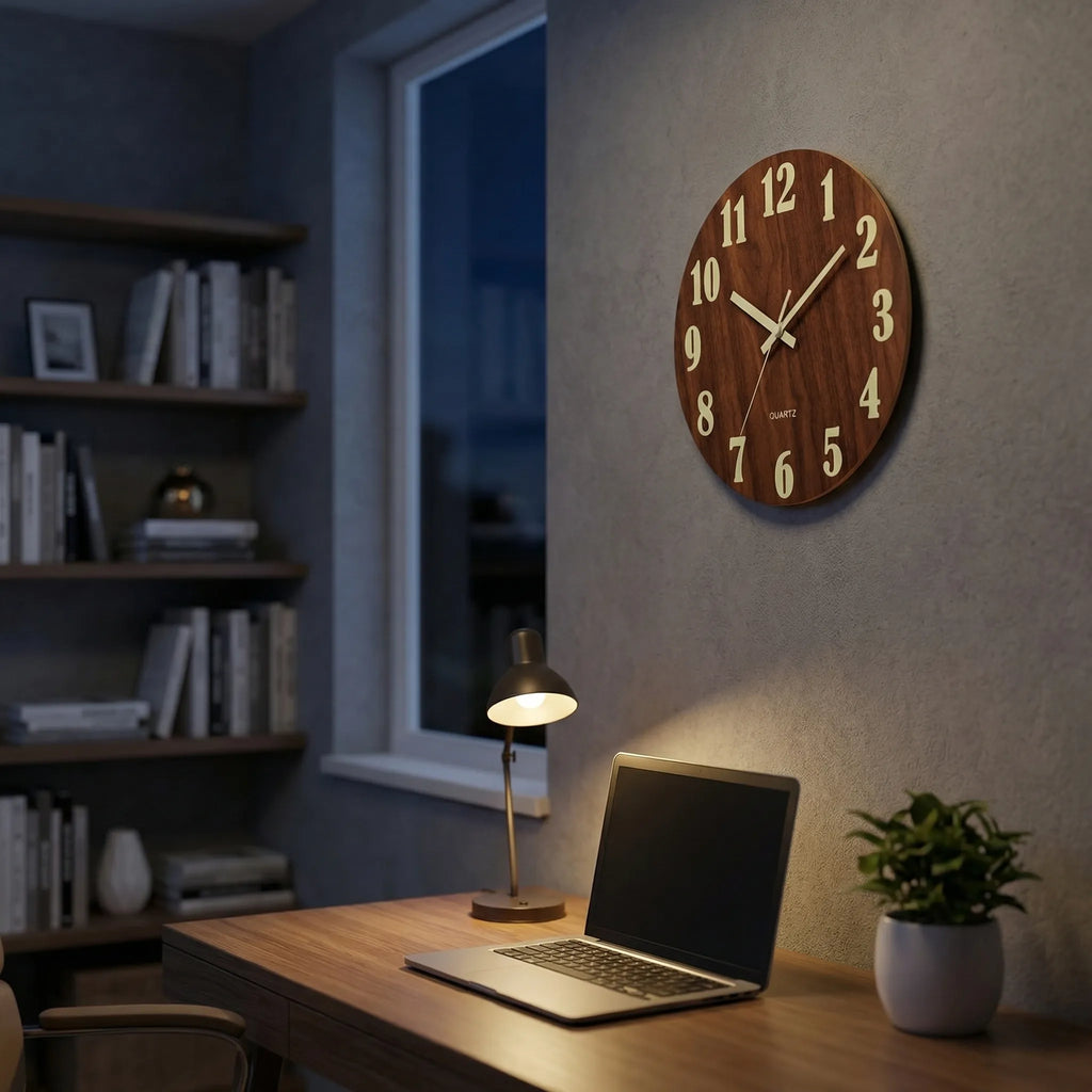 Noctivane - Round Luminous Nordic Wall Clock- Checking Time At Night