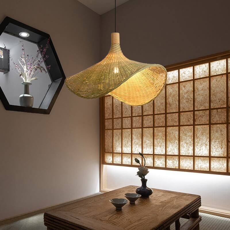 Bamboo Pendant Light for Dining Room | Woven Straw Hat Shade | Lologe