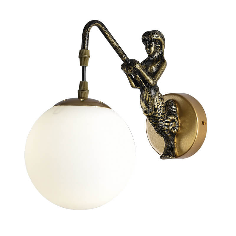 Vintage Mermaid Orb Wall Sconce | Bedroom Metal Resin Glass Light | Lologe