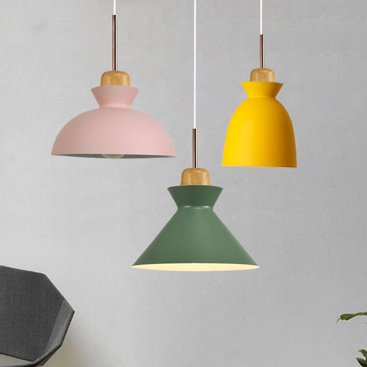 Nordic Pendant Light for Living Room | Oak Wood Iron Bell Dome Design | Lologe