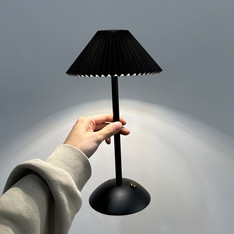 Scandinavian Rechargeable Table Lamp | Iron Fabric Conic Pleated Shade | Bedside | Modern | Lologe