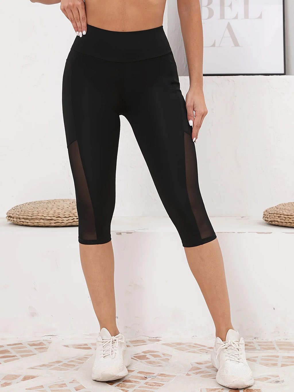 Women's Mesh Splicing With Pockets High Waist Yoga Pants Capri Tummy Tuck Exercise Leggings