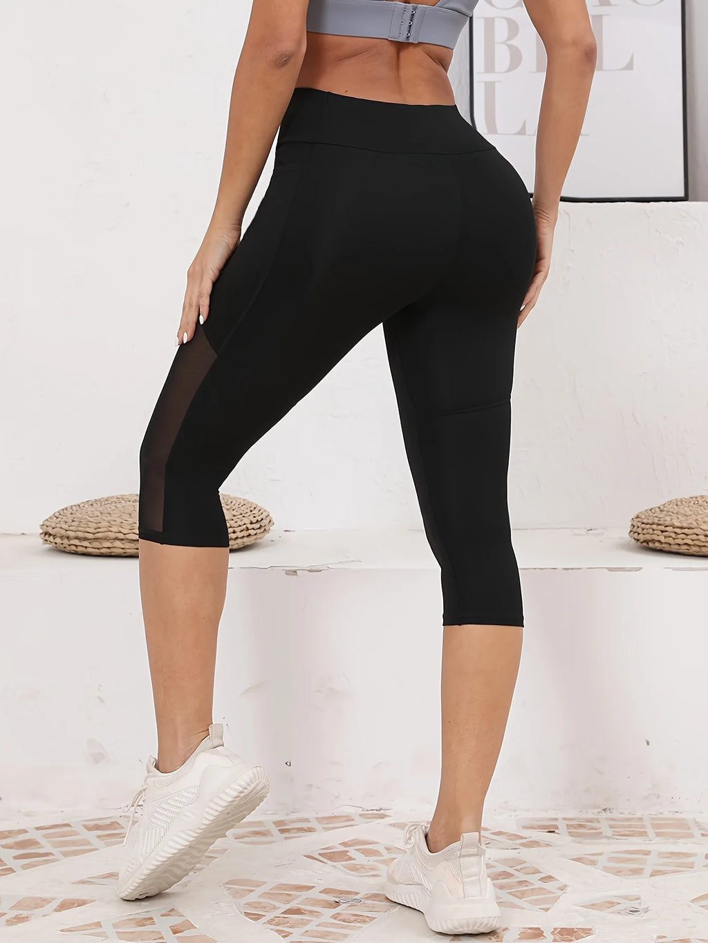 Women's Mesh Splicing With Pockets High Waist Yoga Pants Capri Tummy Tuck Exercise Leggings