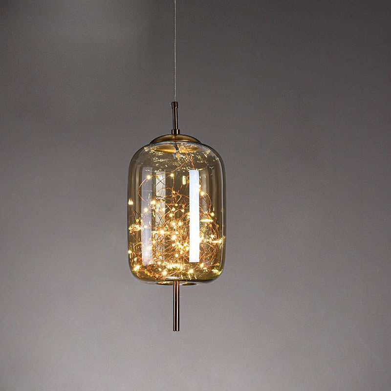 Glass Pendant Light for Bedroom | Scandinavian Cylinder Oval Amber Glass | Lologe