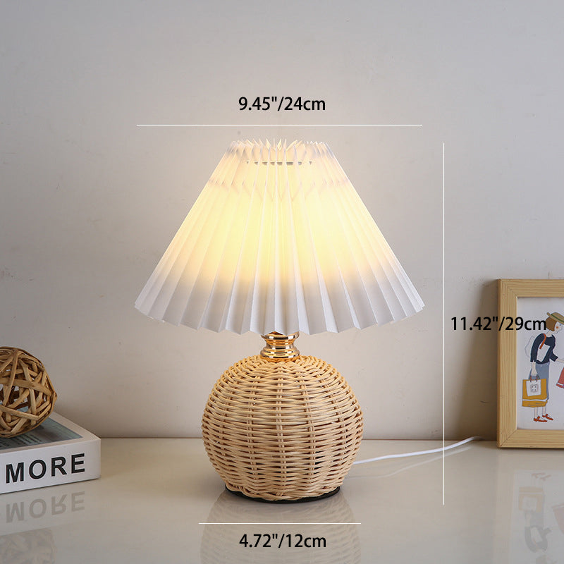 Nordic Rattan Table Lamp | Bedroom | Pleated Fabric Shade | LED | Modern Contemporary Design | Lologe