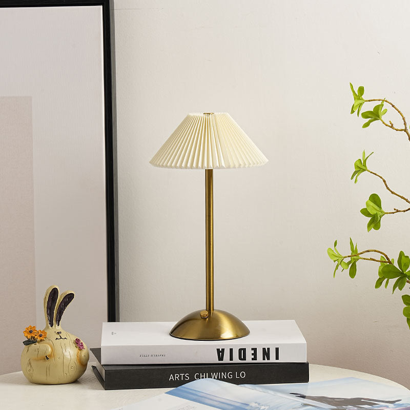 Scandinavian Rechargeable Table Lamp | Iron Fabric Conic Pleated Shade | Bedside | Modern | Lologe