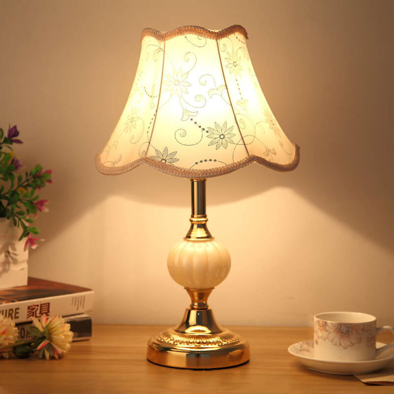 Nordic Vintage Floral Table Lamp | Glass Fabric Shade | Elegant Bedroom Bedside Decor | Lologe