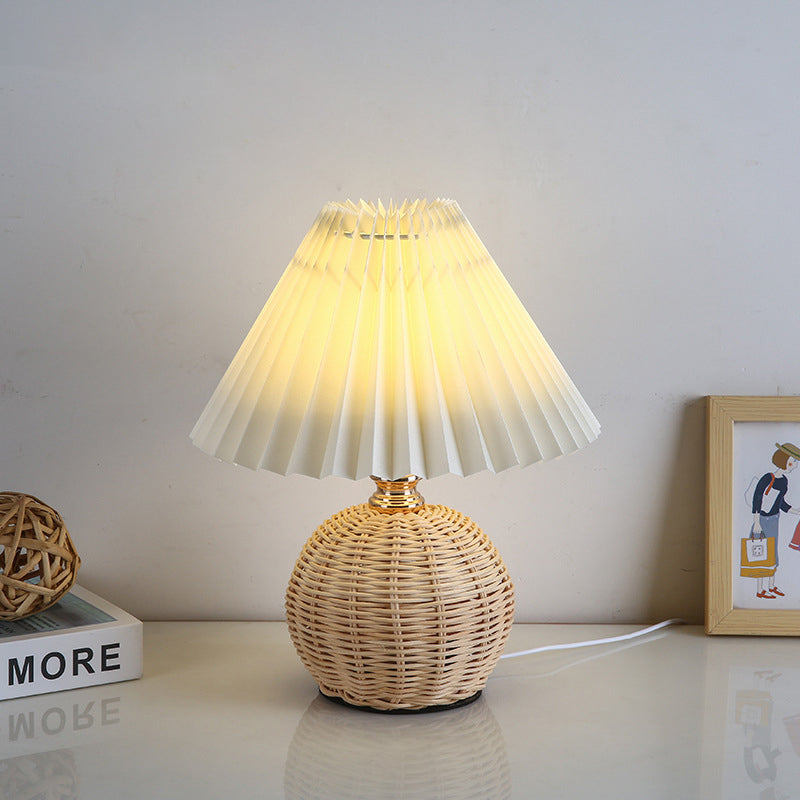 Nordic Rattan Table Lamp | Bedroom | Pleated Fabric Shade | LED | Modern Contemporary Design | Lologe