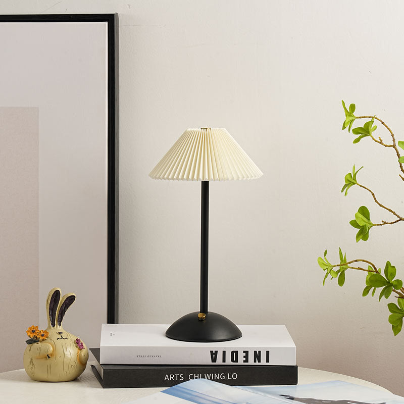 Scandinavian Rechargeable Table Lamp | Iron Fabric Conic Pleated Shade | Bedside | Modern | Lologe