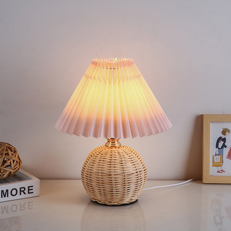 Nordic Rattan Table Lamp | Bedroom | Pleated Fabric Shade | LED | Modern Contemporary Design | Lologe