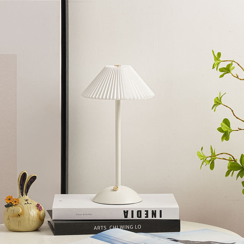 Scandinavian Rechargeable Table Lamp | Iron Fabric Conic Pleated Shade | Bedside | Modern | Lologe