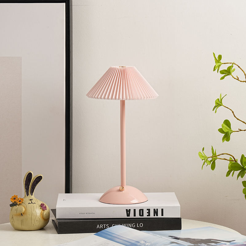 Scandinavian Rechargeable Table Lamp | Iron Fabric Conic Pleated Shade | Bedside | Modern | Lologe