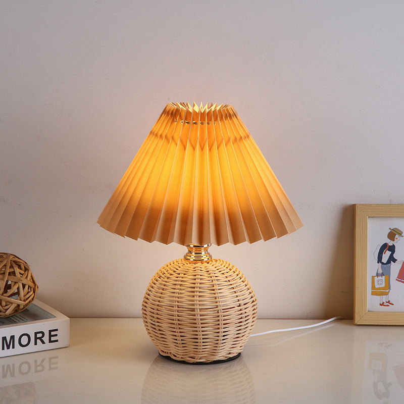 Nordic Rattan Table Lamp | Bedroom | Pleated Fabric Shade | LED | Modern Contemporary Design | Lologe