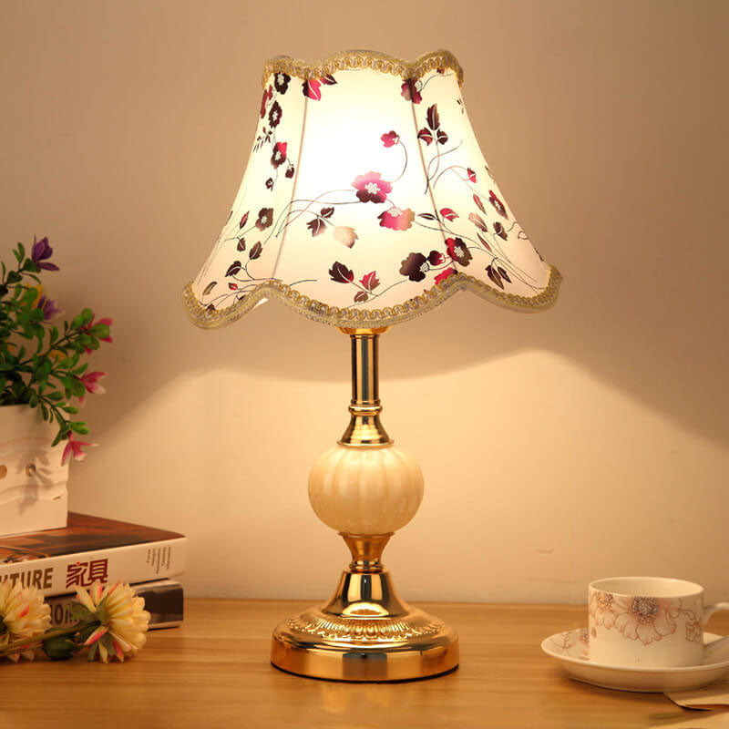 Nordic Vintage Floral Table Lamp | Glass Fabric Shade | Elegant Bedroom Bedside Decor | Lologe