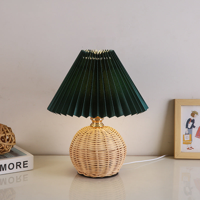 Nordic Rattan Table Lamp | Bedroom | Pleated Fabric Shade | LED | Modern Contemporary Design | Lologe