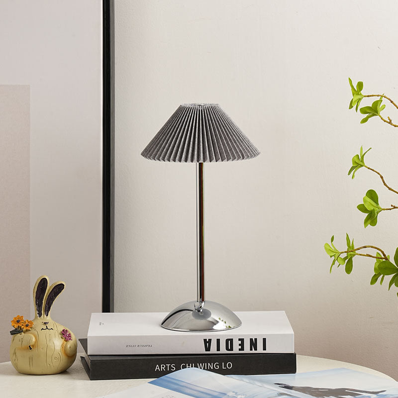Scandinavian Rechargeable Table Lamp | Iron Fabric Conic Pleated Shade | Bedside | Modern | Lologe