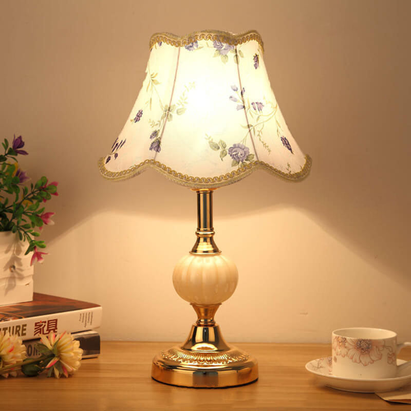 Nordic Vintage Floral Table Lamp | Glass Fabric Shade | Elegant Bedroom Bedside Decor | Lologe