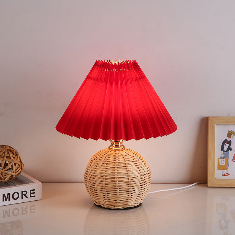 Nordic Rattan Table Lamp | Bedroom | Pleated Fabric Shade | LED | Modern Contemporary Design | Lologe