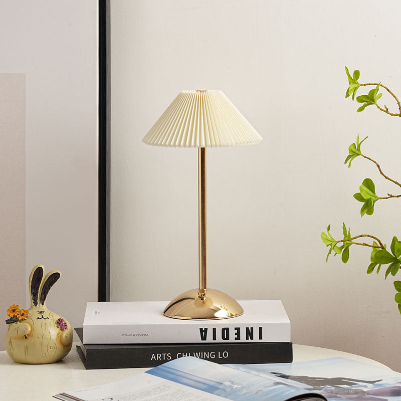 Scandinavian Rechargeable Table Lamp | Iron Fabric Conic Pleated Shade | Bedside | Modern | Lologe