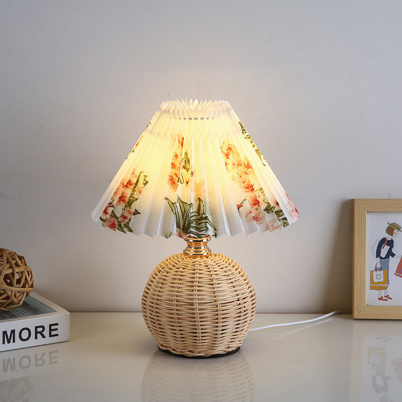 Nordic Rattan Table Lamp | Bedroom | Pleated Fabric Shade | LED | Modern Contemporary Design | Lologe